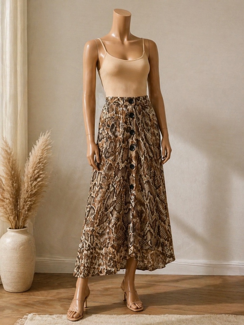 Zara Brown Snake-Print Button-Front Maxi Skirt